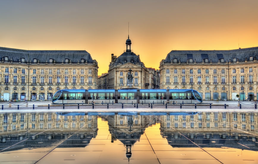 Place de la Bourse reflecting from the water mirror in Bordeaux, France